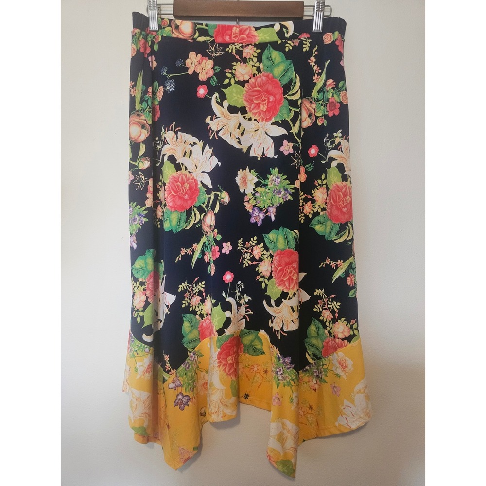 Floral Cottagecore Rafaella Handkerchief Hem Skirt Womens Medium Yellow Boho